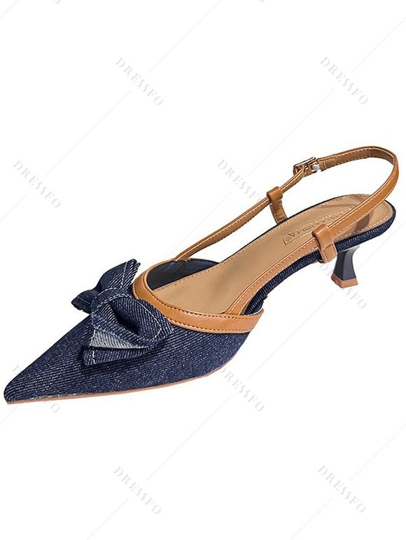 Bowknot Decor Pointed Toe Buckle Strap Stiletto Heels Elegance Sandals - Bleu profond EU 40