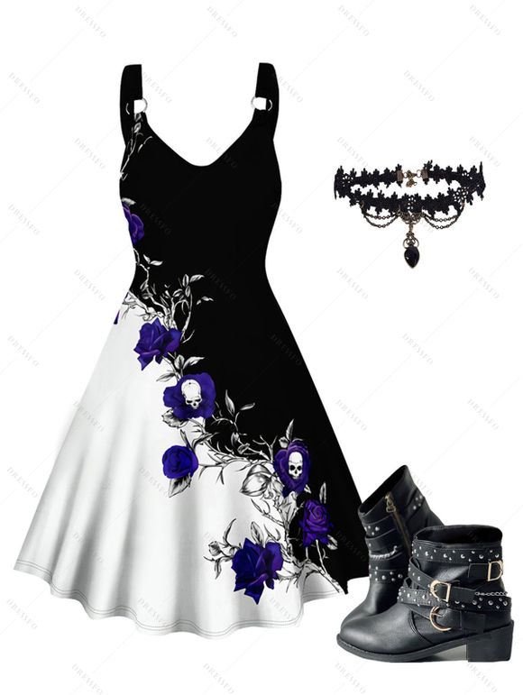 Gothic Women Outfit Contrast Color Rose Floral Pattern Monochrome Dress and Heart Pendant Lace Choker Rivet Boots Set - Noir S | US 4