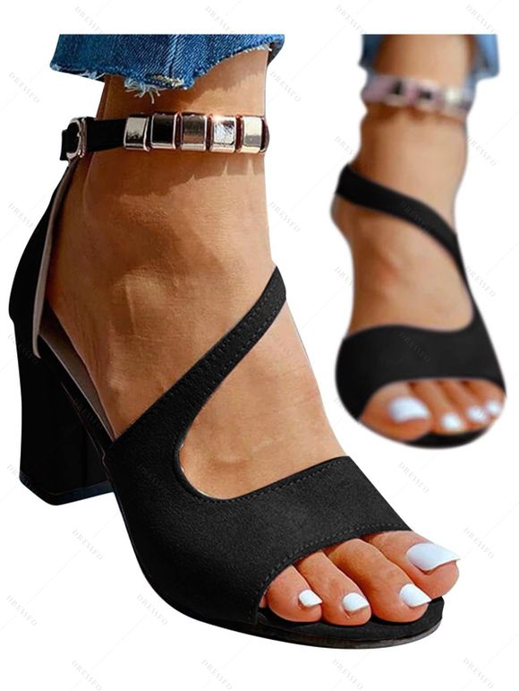 Plain Color Open Toe Chunky Heel Buckle Strap Metal Embellishment Trendy Sandals - Noir EU 43