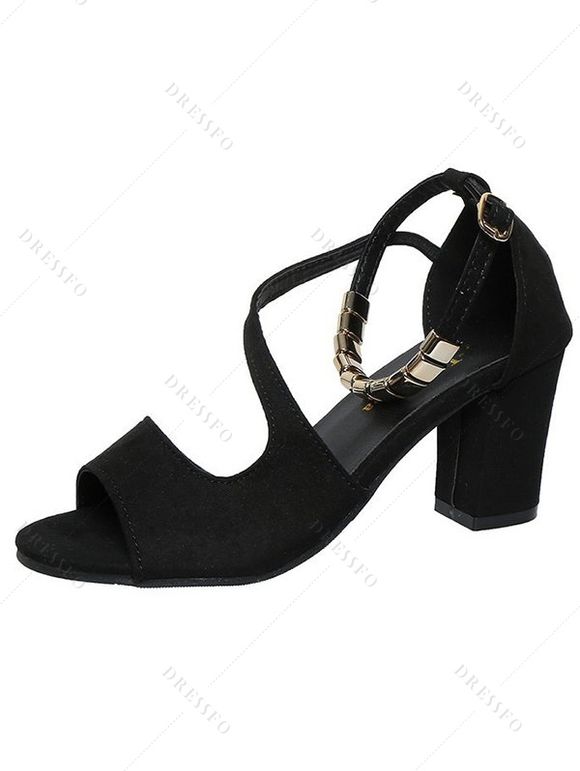 Plain Color Open Toe Chunky Heel Buckle Strap Metal Embellishment Trendy Sandals - Noir EU 35