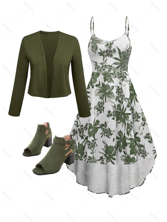 Vacation Women Outfit Floral Print Sleeveless High-Low Dress Solid Color Open Front Crop Top and Hollow Out Chunky Heel Sandals Set - Vert profond S | US 4