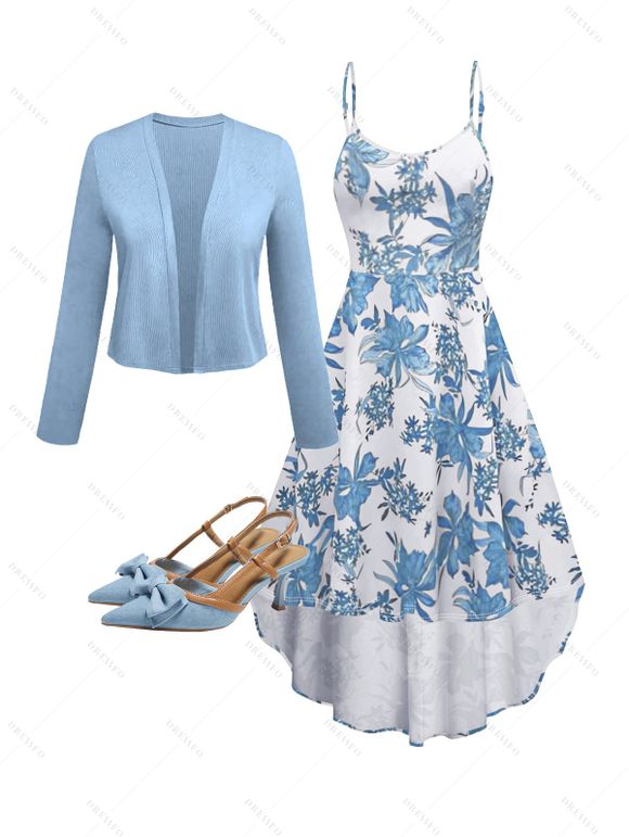 Vacation Women Outfit Floral Print Sleeveless High-Low Dress Solid Color Open Front Crop Top and Hollow Out Chunky Heel Sandals Set - Bleu clair S | US 4