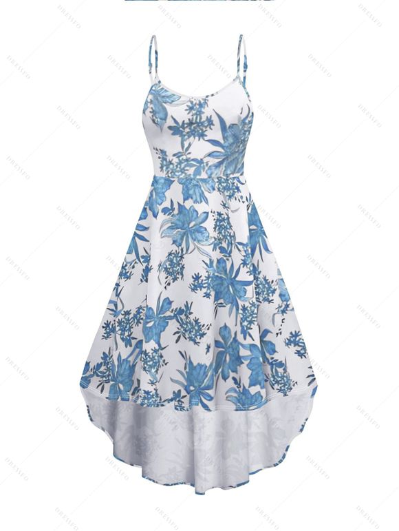 Robe d'été sans manches à bretelles spaghetti réglables et imprimé floral - Bleu clair M | US 6