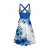 Robe de vacances à motif floral et feuilles, couleur contrastée, croisée, surplis, ceinture, décolleté plongeant, ligne A, robe mi-longue décontractée - Bleu M | US 6