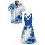 Vacation Couple Outfit Floral Leaf Pattern Contrast Color Crossover Surplice Belt Dress and Button Up Shirt Casual Matching Outfit - BLUE S | US 4
