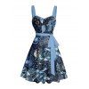 Robe de vacances à imprimé tropical marin, ceinture froncée sur le buste, décolleté en cœur, mini robe de plage trapèze - Bleu de Minuit XXXXXL | US 20