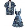 Vacation Couple Outfit Allover Tropical Marine Life Pattern Ruched Bust Belt Sweetheart Neck Dress and Button Up Shirt Beach Matching Outfit - Bleu de Minuit S | US 4