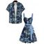 Vacation Couple Outfit Allover Tropical Marine Life Pattern Ruched Bust Belt Sweetheart Neck Dress and Button Up Shirt Beach Matching Outfit - Bleu de Minuit S | US 4