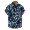 Vacation Couple Outfit Allover Tropical Marine Life Pattern Ruched Bust Belt Sweetheart Neck Dress and Button Up Shirt Beach Matching Outfit - Bleu de Minuit S | US 4