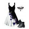 Gothic Women Outfit Contrast Color Rose Floral Pattern Monochrome Dress and Heart Pendant Lace Choker Rivet Boots Set - Noir S | US 4