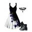 Gothic Women Outfit Contrast Color Rose Floral Pattern Monochrome Dress and Heart Pendant Lace Choker Rivet Boots Set - Noir S | US 4