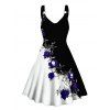 Gothic Women Outfit Contrast Color Rose Floral Pattern Monochrome Dress and Heart Pendant Lace Choker Rivet Boots Set - Noir S | US 4
