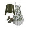 Vacation Women Outfit Floral Print Sleeveless High-Low Dress Solid Color Open Front Crop Top and Hollow Out Chunky Heel Sandals Set - Vert profond S | US 4