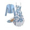 Vacation Women Outfit Floral Print Sleeveless High-Low Dress Solid Color Open Front Crop Top and Hollow Out Chunky Heel Sandals Set - Bleu clair S | US 4