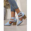 Solid Color Pointed Toe Chunky Heels Hollow Out Buckle Strap Vintage Sandals - Bleu EU 42