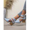Solid Color Pointed Toe Chunky Heels Hollow Out Buckle Strap Vintage Sandals - Bleu EU 42