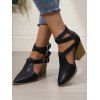 Solid Color Pointed Toe Chunky Heels Hollow Out Buckle Strap Vintage Sandals - Noir EU 42
