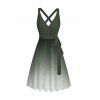 Robe de vacances décontractée mi-longue à imprimé ombré et ceinture croisée, décolleté plongeant, taille haute, coupe trapèze - Vert profond S | US 4