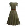 Casual Women Outfit Plain Color Cinched Shoulder Surplice Plunge Belted Midi Dress and Life Tree Pattern Earrings Hollow Out Sandals Set - Vert profond S | US 4