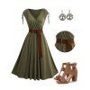 Casual Women Outfit Plain Color Cinched Shoulder Surplice Plunge Belted Midi Dress and Life Tree Pattern Earrings Hollow Out Sandals Set - Vert profond S | US 4
