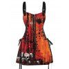 Robe gothique à lacets avec motif de branches d'arbres et de crânes, demi-fermeture éclair, œillets, sangle à boucle, ligne A, mini robe de vacances - Orange Foncé XXL | US 14