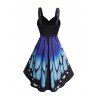 Vacation Women Outfit Butterfly Wings Print V Neck Lace Up Dress and Sequins Earrings Geometric Hollow Out Sandals Set - Bleu profond S | US 4