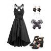 Casual Women Outfit Crossover Self Belted Bowknot Tied Butterfly Lace Dress and Flower Rhinestone Earrings Geometric Hollow Out Sandals Set - Noir S | US 4