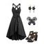 Casual Women Outfit Crossover Self Belted Bowknot Tied Butterfly Lace Dress and Flower Rhinestone Earrings Geometric Hollow Out Sandals Set - Noir S | US 4