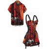 Gothic Couple Outfit Skulls Tree Branches Pattern Lace Up Half Zipper Grommet Buckle Strap Dress and Button Up Shirt Holiday Matching Outfit - Orange Foncé S | US 4