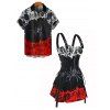 Gothic Couple Outfit Colorblock Spider Skeleton Pattern Lace Up Half Zipper Grommet Buckle Strap Dress and Button Up Shirt Holiday Matching Outfit - Noir S | US 4
