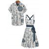 Vacation Couple Outfit Navigation Ocean Elements Anchor Letter Pattern Crossover Belt Dress and Button Up Shirt Beach Matching Outfit - Bleu de Minuit S | US 4