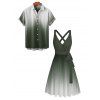 Vacation Couple Outfit Ombre Printed Crossover Belt Plunging Neck High Waisted A Line Midi Dress and Button Up Shirt Casual Matching Outfit - Vert profond S | US 4