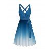 Vacation Couple Outfit Ombre Printed Crossover Belt Plunging Neck High Waisted A Line Midi Dress and Button Up Shirt Casual Matching Outfit - Bleu S | US 4