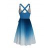 Vacation Couple Outfit Ombre Printed Crossover Belt Plunging Neck High Waisted A Line Midi Dress and Button Up Shirt Casual Matching Outfit - Bleu S | US 4