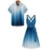 Vacation Couple Outfit Ombre Printed Crossover Belt Plunging Neck High Waisted A Line Midi Dress and Button Up Shirt Casual Matching Outfit - Bleu S | US 4