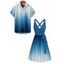 Vacation Couple Outfit Ombre Printed Crossover Belt Plunging Neck High Waisted A Line Midi Dress and Button Up Shirt Casual Matching Outfit - Bleu S | US 4