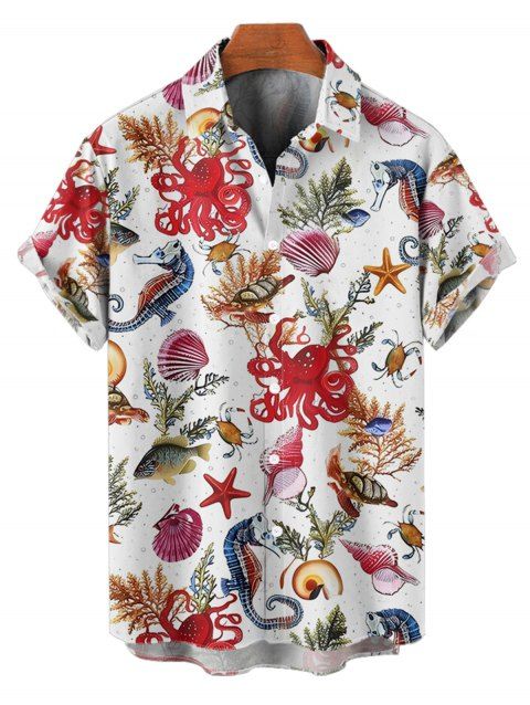 Chemise de plage à manches courtes et boutons pour homme, motif coquillage, poulpe, étoile de mer, vie marine