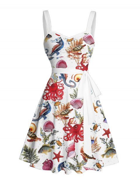 Robe de vacances à imprimé coquillage, poulpe, étoile de mer, buste froncé, ceinture, décolleté en cœur, mini robe de plage trapèze