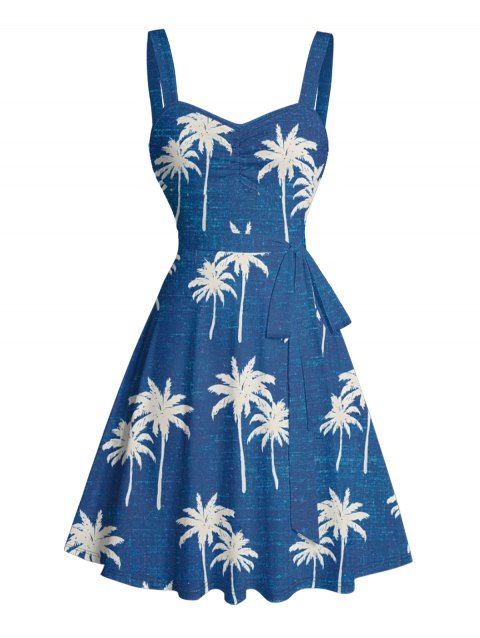 Robe de vacances à motif cocotier, buste froncé, ceinture, décolleté en cœur, mini robe hawaïenne trapèze