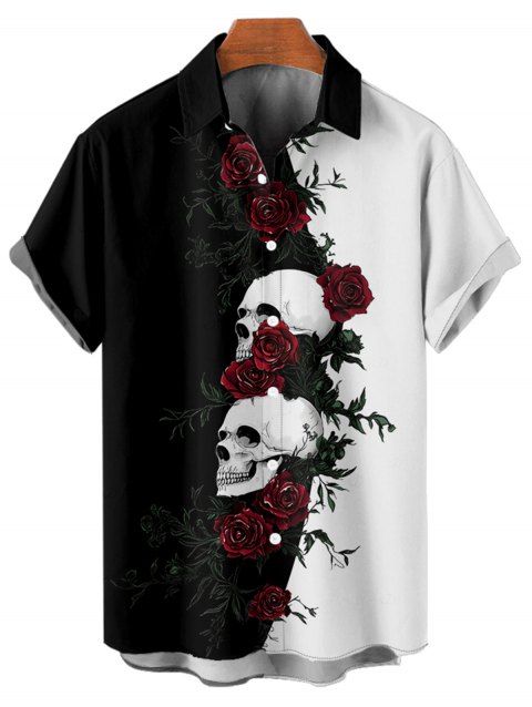 Chemise gothique monochrome à manches courtes et boutons pour homme, motif tête de mort et roses, style vacances