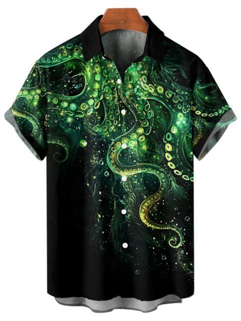 Chemise de vacances à motif poulpe pailleté pour homme, boutonnée, retroussée, manches courtes, pour la plage