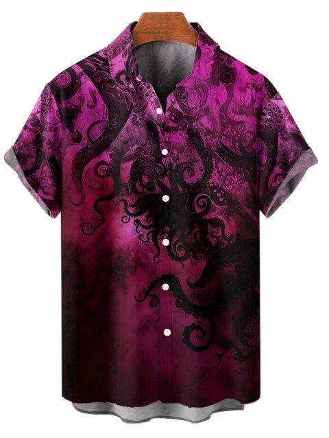 Chemise de vacances à motif poulpe pailleté pour homme, boutonnée, retroussée, manches courtes, pour la plage