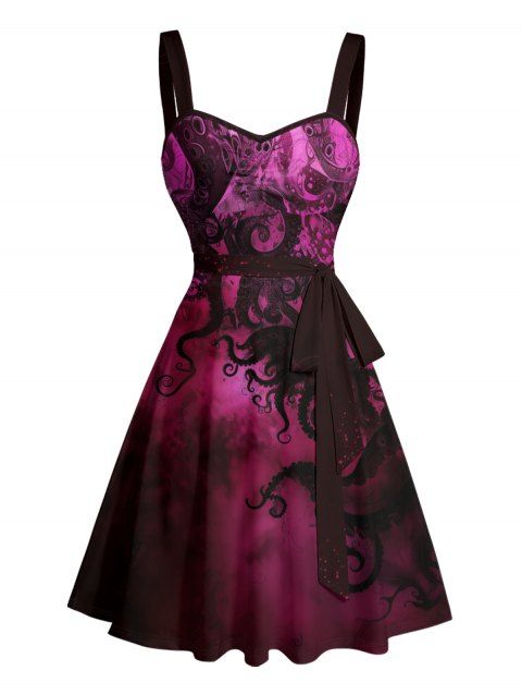 Robe de plage courte à volants et col en cœur, motif poulpe pailleté, ceinture et buste froncé