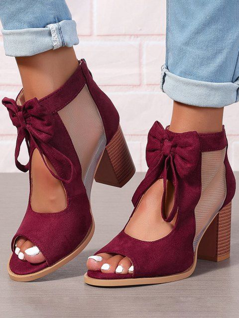 Solid Color Open Toe Bowknot Decor Chunky Heels Zipper See Thru Trendy Sandals