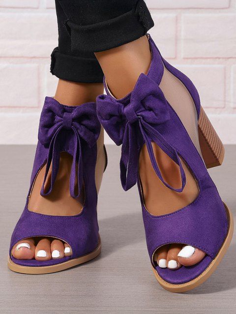 Solid Color Open Toe Bowknot Decor Chunky Heels Zipper See Thru Trendy Sandals