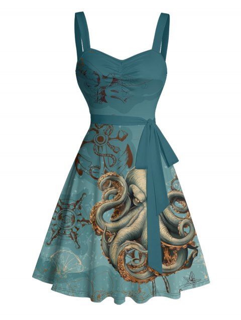 Robe de plage courte à volants et col en cœur, motif pieuvre, ceinture et buste froncé