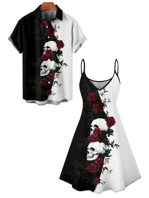 Gothic Couple Outfit Monochrome Rose Skulls Pattern Spaghetti Strap Tank Dress and Button Up Shirt Holiday Matching Outfit
