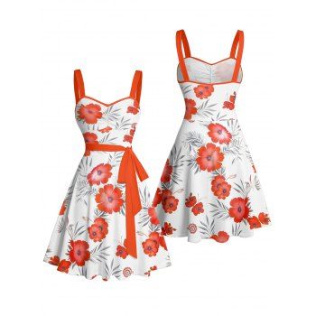 Leaf Flower Pattern Ruched Bust Belt Vacation Dress Sweetheart Neck A Line Mini Casual Dress