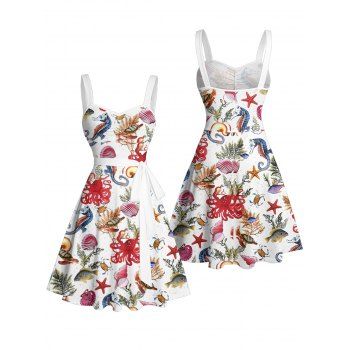 Allover Marine Life Shell Octopus Starfish Pattern Ruched Bust Belt Vacation Dress Sweetheart Neck A Line Mini Beach Dress