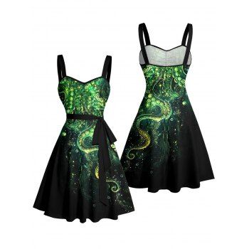 Glitter Octopus Pattern Ruched Bust Belt Vacation Dress Sweetheart Neck A Line Mini Beach Dress